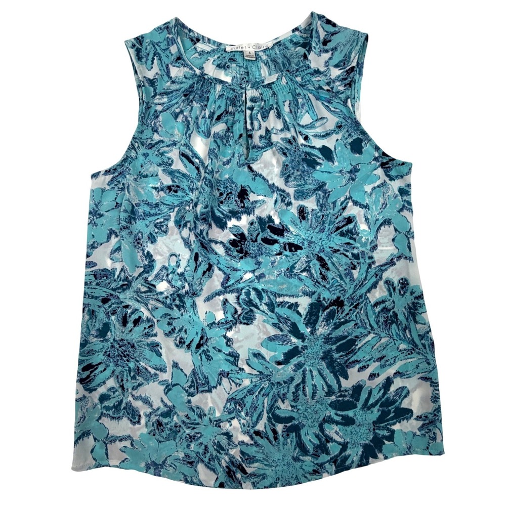 Violet + Claire Women Blue Floral Sleeveless Smocked Neck Blouse Small Teal Top